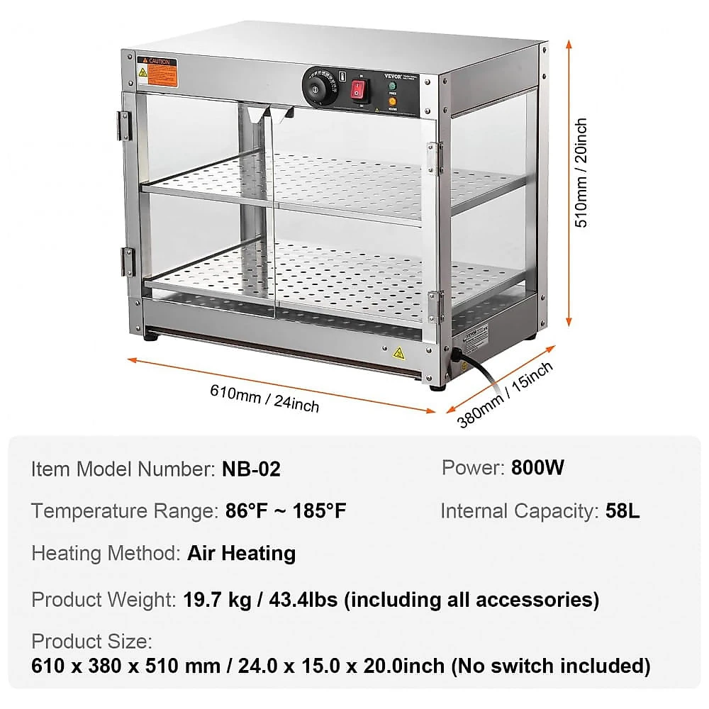 Expositor Aquecedor de Alimentos VEVOR Cinza 2 Níveis 61 cm com Iluminação e Capacidade 58L, 220V.