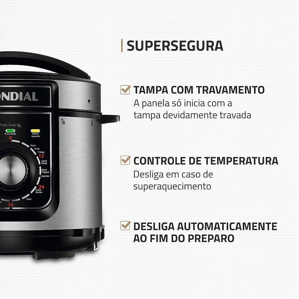 Panela de Pressão Elétrica de Pressão Mondial Pratic Cook 5L Premium I 900W Preto-Inox 110V