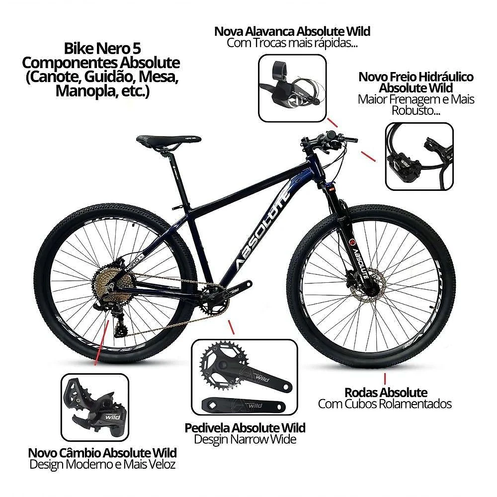 Bicicleta Aro 29 Nero 5 Peças Inteira Absolute 12v Garfo Trava Remota K7 Pneu Faixa Freio Hidráulico. Amarelo Tam.21