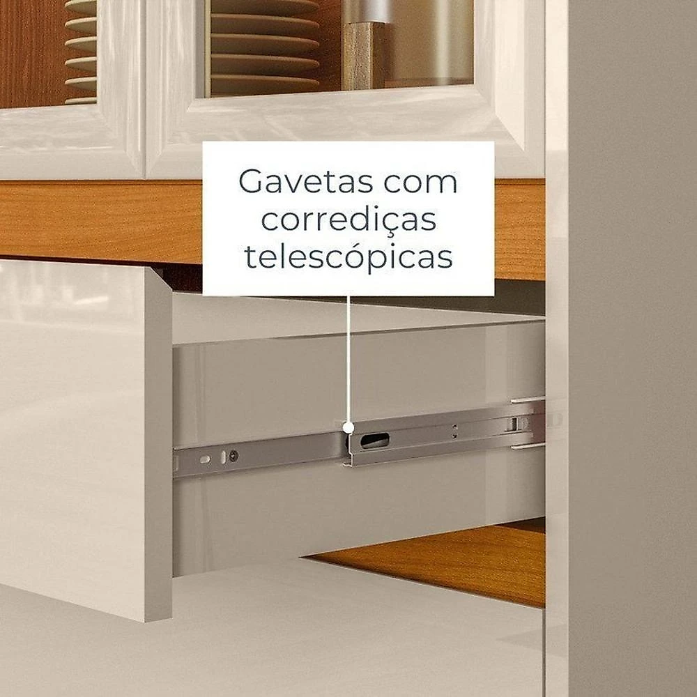 Conjunto Cristaleira Brisa e Buffet Aparador Balcão Cais Bandeja Integrada para Sala de Jantar Cinamomo/Off White