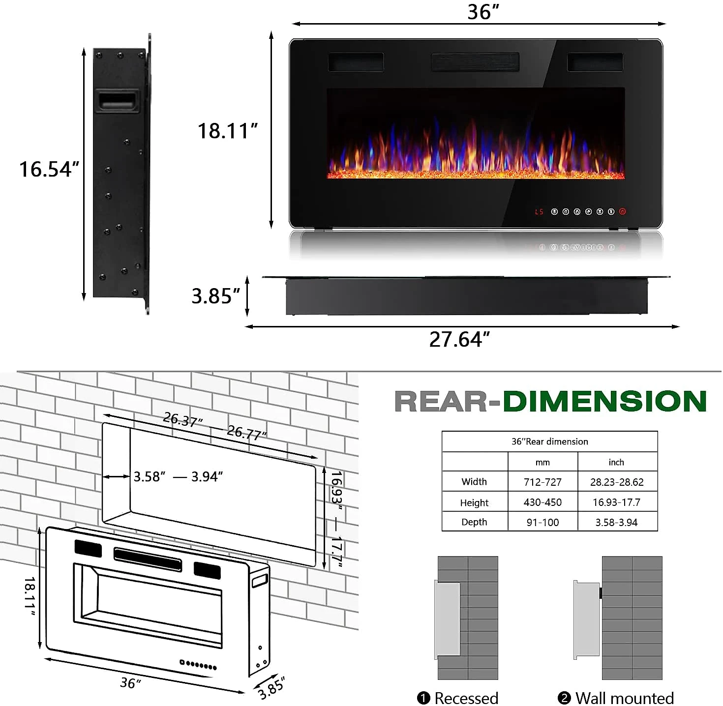 Vitesse 36FPC3 Lareira Elétrica de Embutir A45x91L com Controle Remoto e Tela Sensível ao Toque 110V1500W Preto