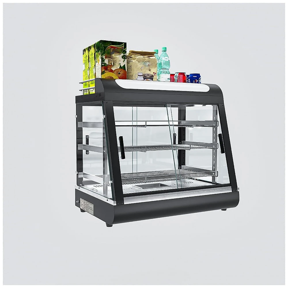Estufa Aquecedora Comercial Anpuce Preta 3 Prateleiras Iluminação Tricolor Vidro Temperado 800W 110V, 68,6cm