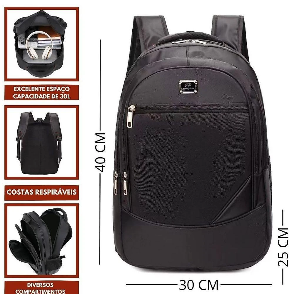 Mochila para Notebook OEM Bolsa Reforçada Trabalho Faculdade 47x30x16cm Preto Unissex
