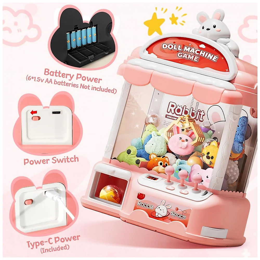 Máquina de Garra Rosa MIAOKE Large Claw Machine – Mini Arcade Infantil com 30 Prêmios, 24 Moedas, Luzes LED e Som Ajustável