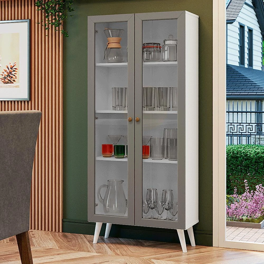 Cristaleira 70 cm 2 portas de vidro com pés cônicos branco/cinza/branco vik madesa