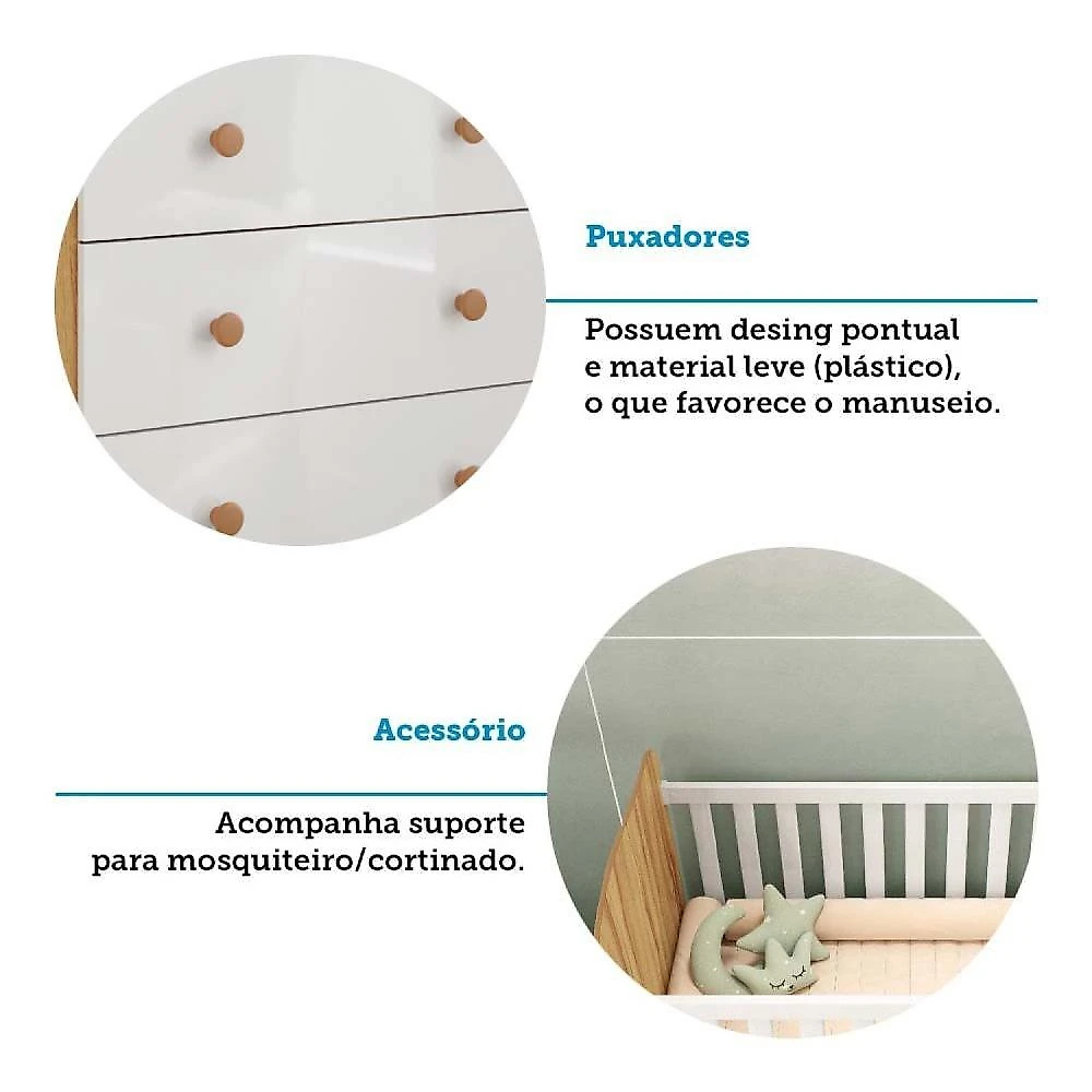 Quarto de Bebê com Guarda Roupas 3 Portas Cômoda e Berço com Rodizio Mimo 100% Mdf Espresso Móveis Branco Brilho/Amêndoa