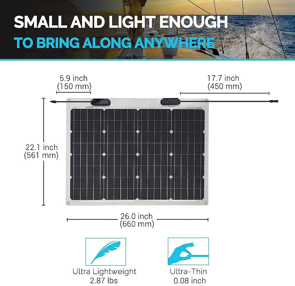 Renogy Painel Solar, Monocristalino e extremamente flexível, 50W, 12V, 1 unidade.