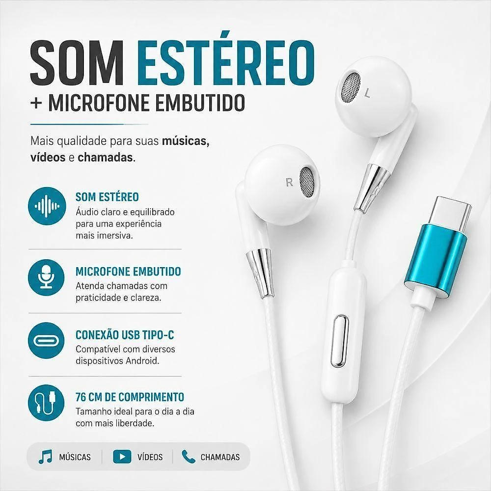 Fone de Ouvido com Fio USB Tipo-C com Microfone Som Estéreo Conector USB Tipo-C Super Bass