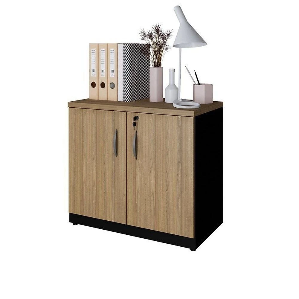 Conjunto para Escritório com Mesa de Reunião 6 Lugares e 2 Armários Baixos com Chave Espresso Móveis Macadâmia/Preto