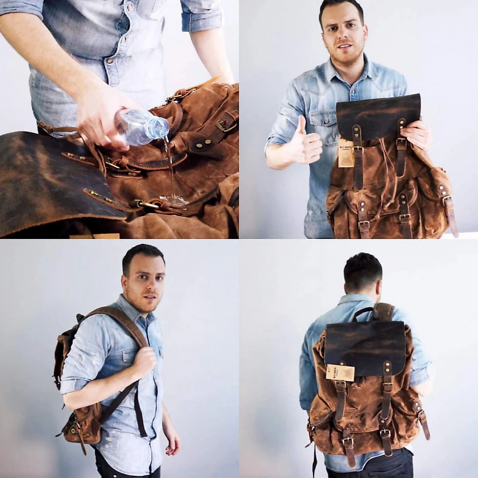 Mochila Masculina para Laptop de Couro, WUDON, Marrom