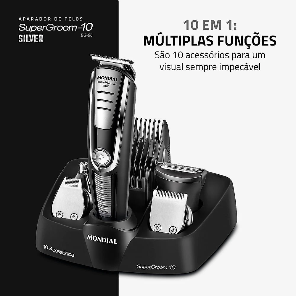 Aparador de Pelos Super Groom 10 Mondial Preto/Prata 6W Bivolt - BG-06 Bivolt