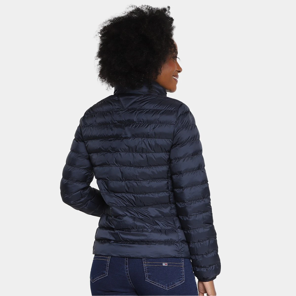 Miniatura Jaqueta Puffer Tommy Hilfiger Padded Global Stripe Com Capuz Feminina Marinho - G