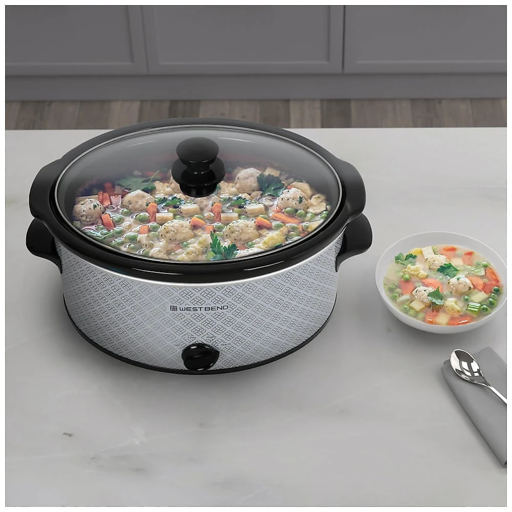 Panela elétrica slow cooker West Bend 6L cerâmica oval prata tampa de vidro 3 temperaturas 330W 110V