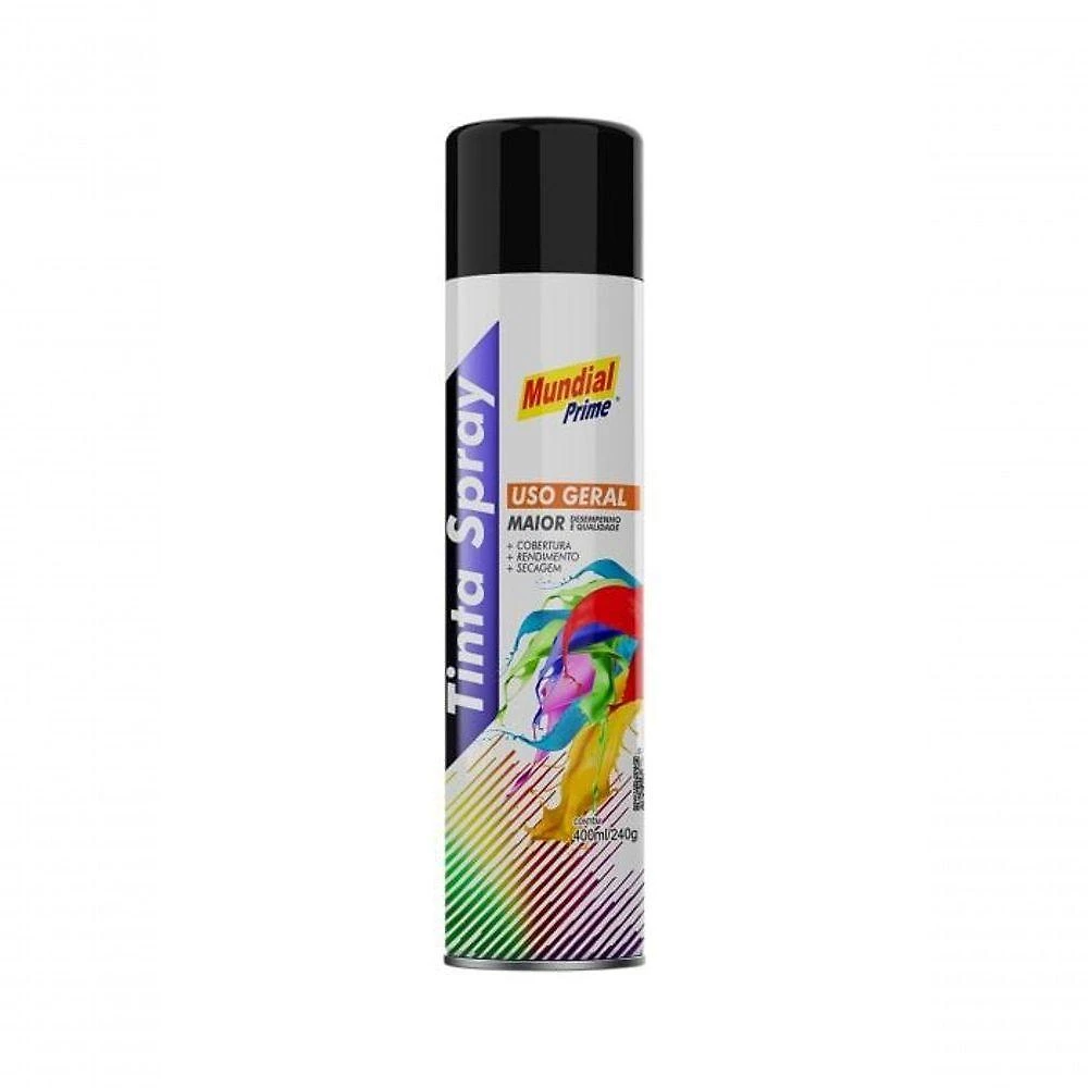 Tinta Spray Mundial Prime U.g Preto Brilhante para Plástico Madeira Tecido Metal 400ML 240G