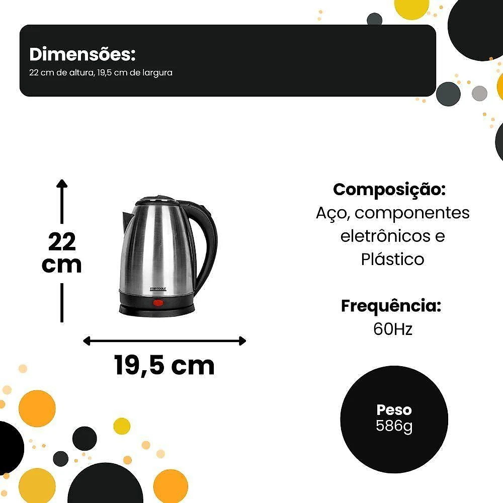 Chaleira Elétrica Startools Jarra 2L 1000W Inox Preto 110V com Base Giratória 360