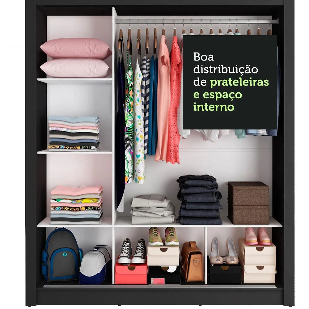 Guarda Roupa Casal Madesa Mônaco 3 Portas de Correr com Espelho - Preto Preto