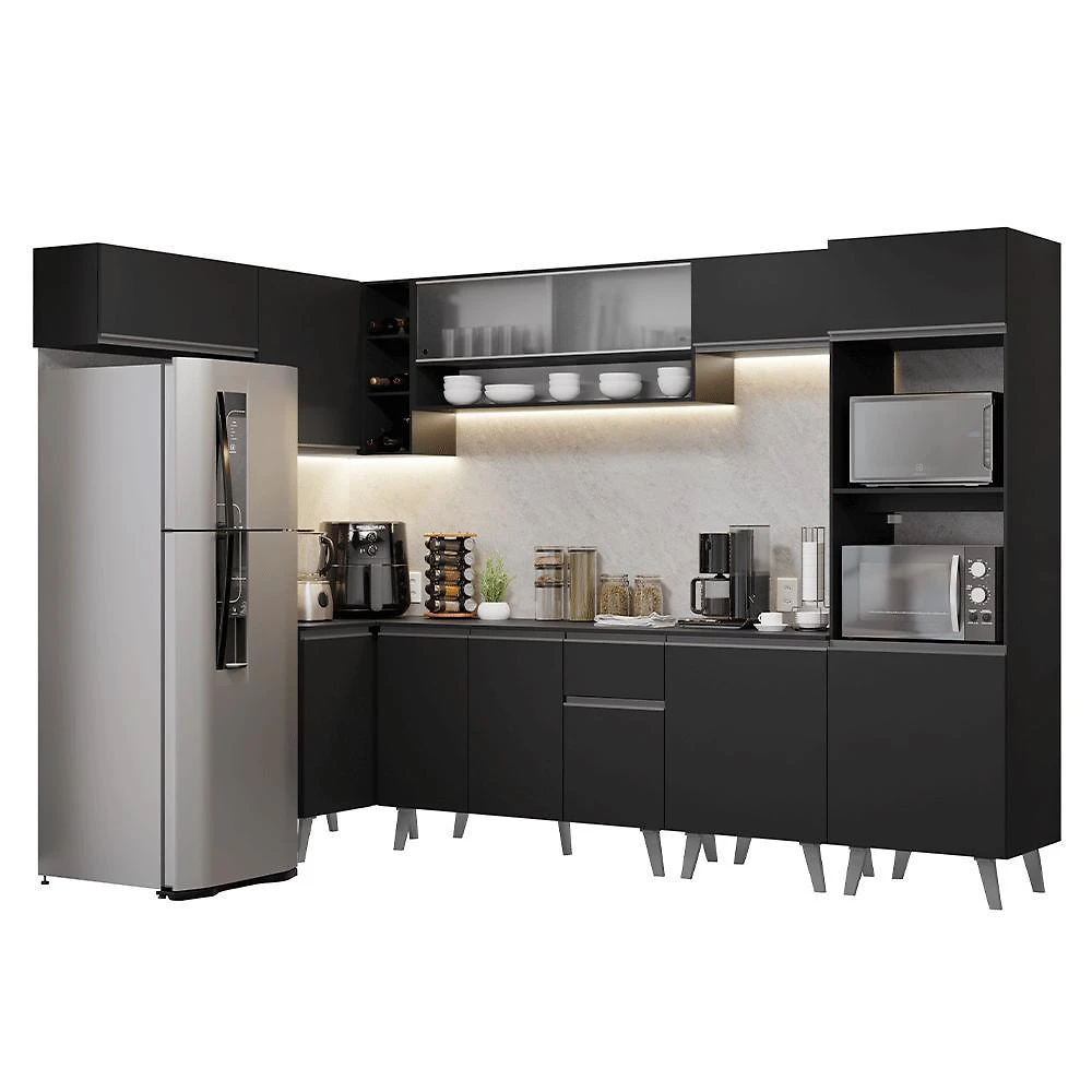 Armário de cozinha completa de canto 465 cm preto nice madesa 04