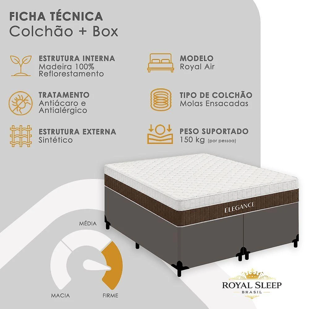 Cama Box com Colchão Queen Elegance Pillow Top Molas Ensacadas Tecido Branco Royal