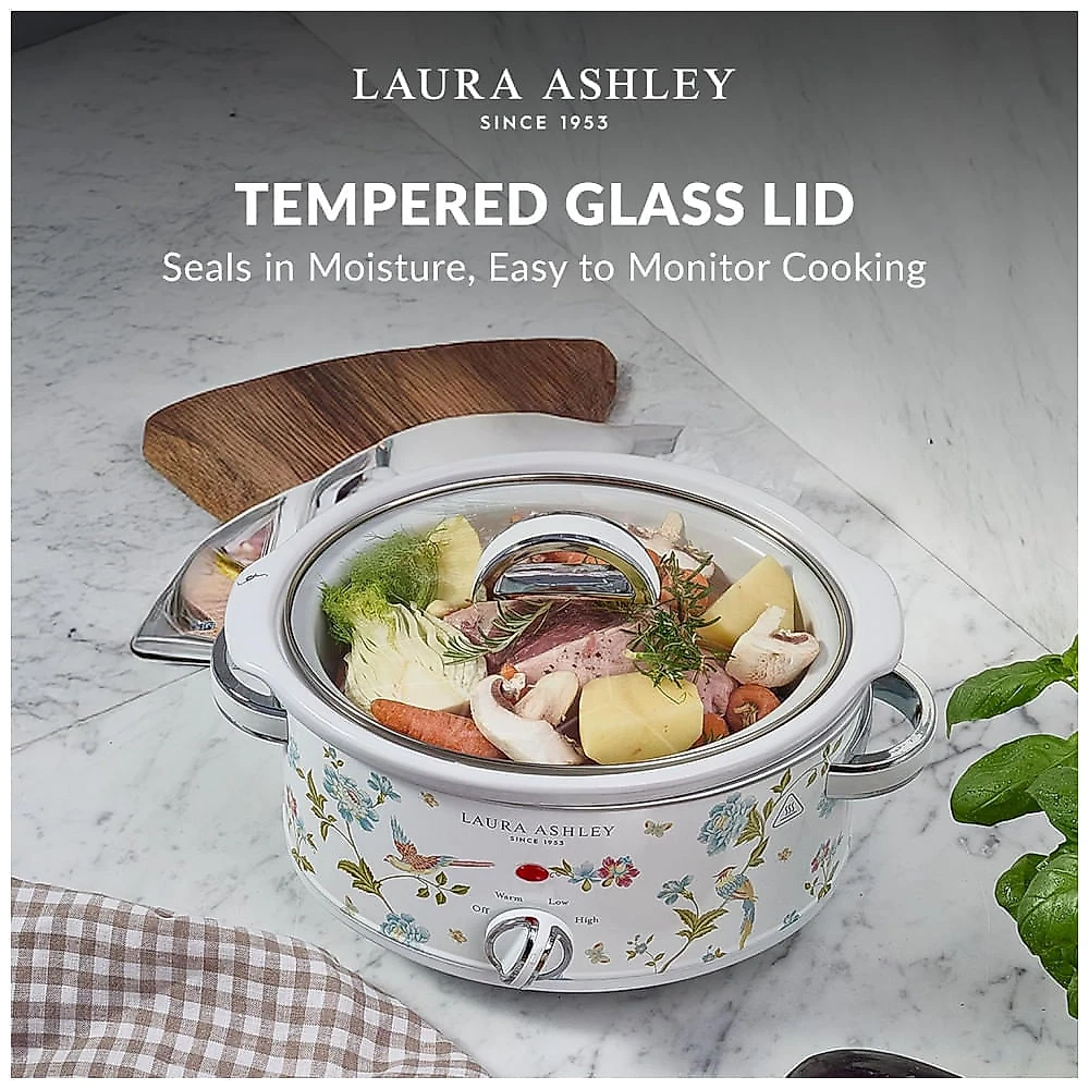 Panela elétrica de cozimento lento Laura Ashley 3,5L Elveden White floral cuba cerâmica tampa de vidro 3 ajustes de temperatura 200W 110V