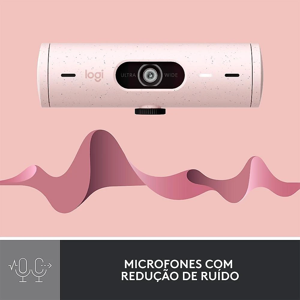 Webcam + Suporte Logitech Brio 500 Full HD, 1080p, 30 FPS, com Microfones Duplos, USB, Suporte Incluso, Rosa - 960-001418