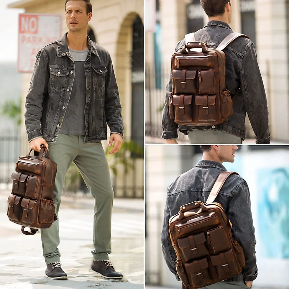 Mochila Masculina para Laptop de Couro, MASA KAWA, Marrom