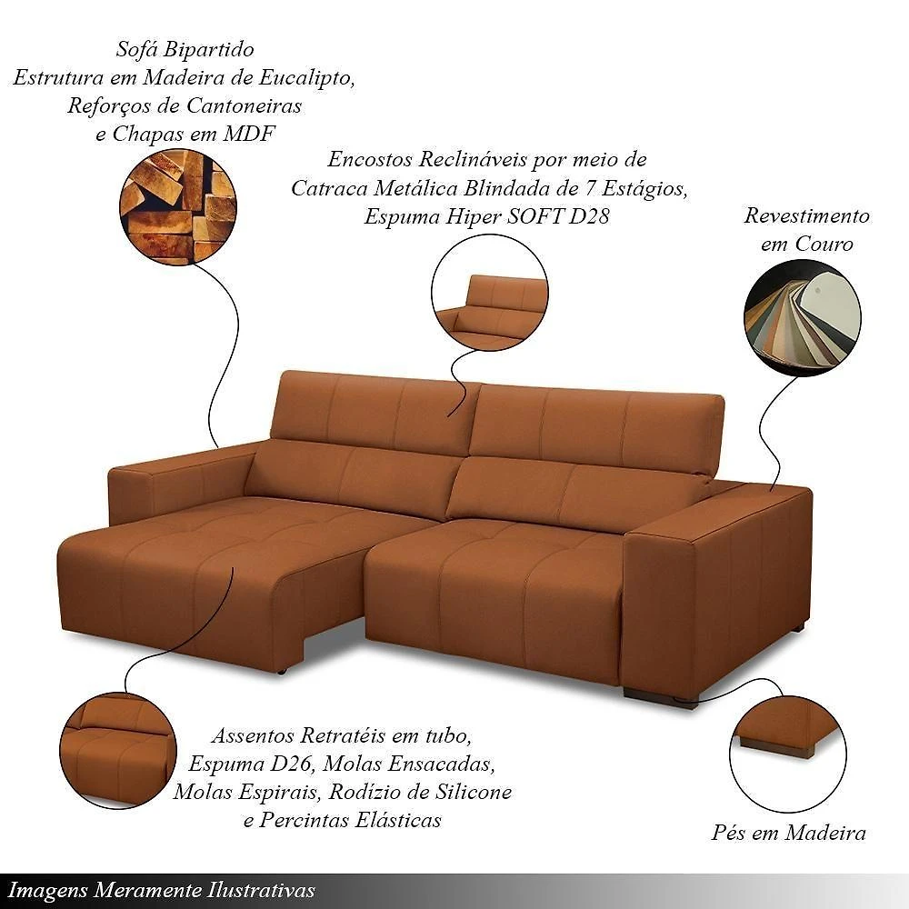 Sofá Decorativo Barbosa 5 Lugares Sala De Estar 290cm Reclinável E Retrátil Couro Conhaque