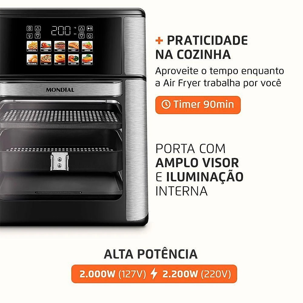 Fritadeira Air Fryer Forno Oven sem Óleo Mondial 14L 2000W Preto Prata 220V