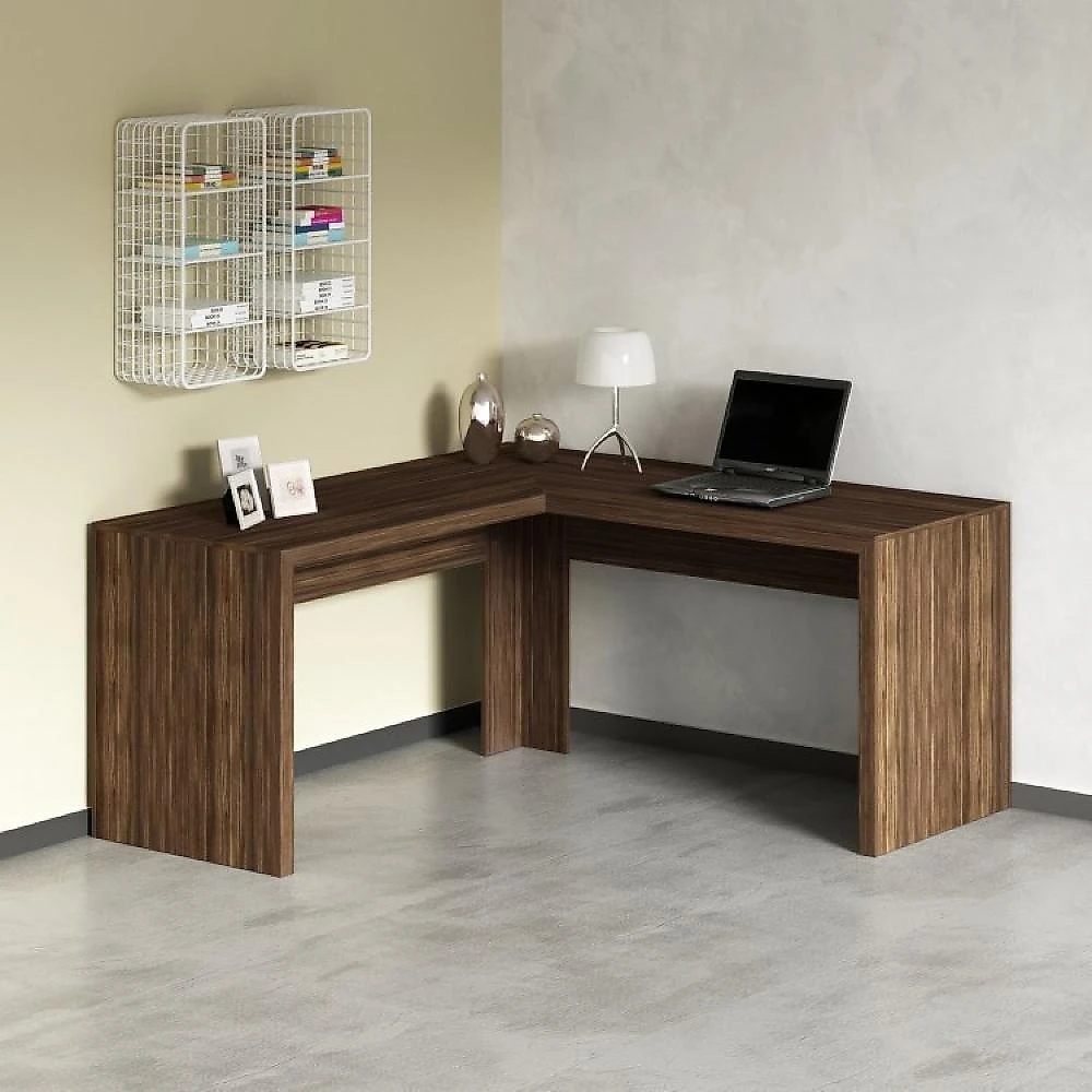 Kit 3 Peças com Mesa para Escritório em L, Estante Livreiro Aberta e Estante com 2 Portas Conjunto Home Office 3 Peças com 1 Mesa para Escritório em L 2 Estantes Espresso Móveis Nogal