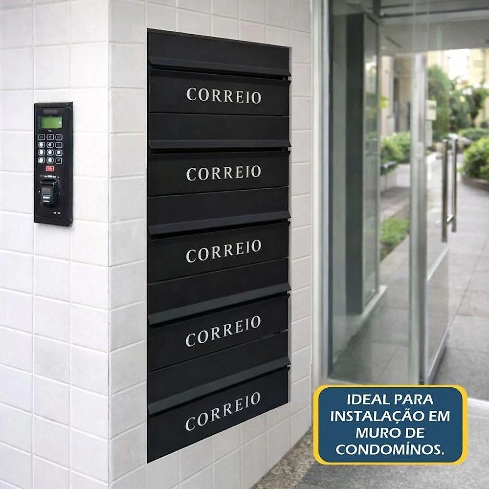 Caixa de Correio Condomínio Detrás para Muro 005POM com Abertura Traseira 05 Módulos Preto Ouro