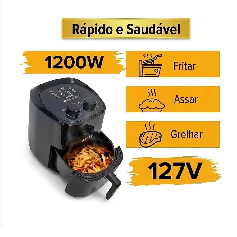 Air Fryer Elétrica Yeet sem Óleo 3,4L Turbo com Grelha Cesto Removível Preto 110V