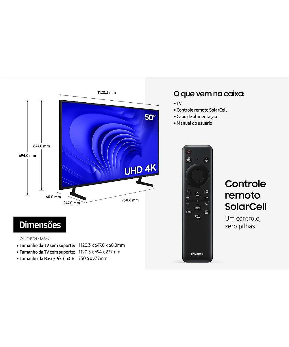 Smart TV LED 50" Samsung Crystal UHD 4K Tizen HDR10+ 3 HDMI 1USB Wi-Fi