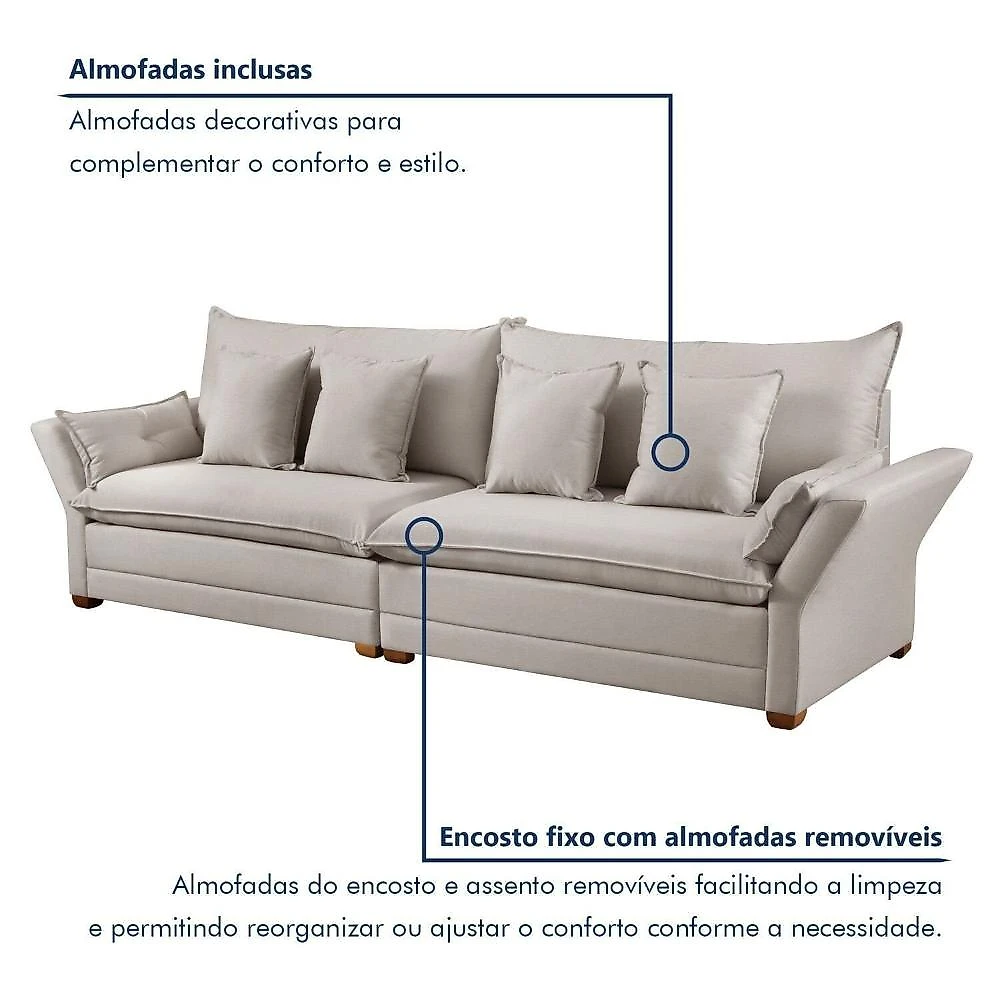 Sofá 3 Lugares 4 Almofadas Copenhague Estofados Martins Sofá para Sala de Estar 3 Lugares 4 Almofadas Bege