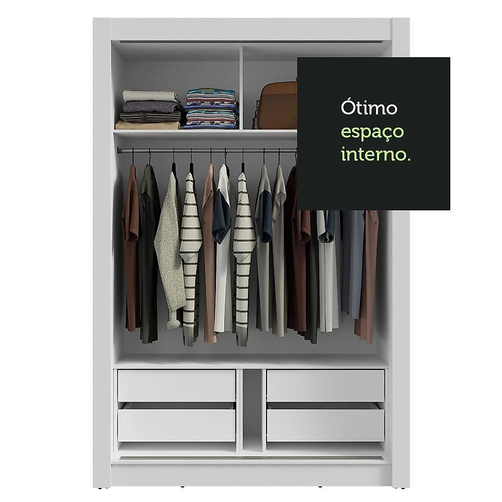 Guarda-roupa solteiro 2 portas de correr com espelho 4 gavetas branco vivare plus madesa