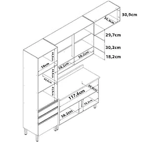 Armário de Cozinha Compacta Bartira Jaspe com 6 Portas, 3 Gavetas e 6 Prateleiras - 260,4cm de largura Branco/Cinza