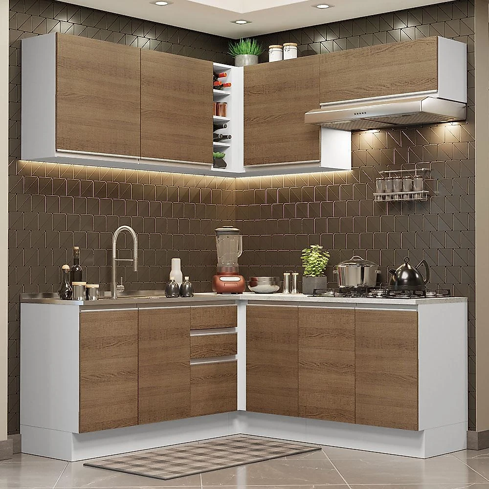 Cozinha completa de canto madesa glamy 349003 com armário e balcão (sem tampo e pia) - branco/rustic