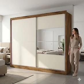 Miniatura Guarda-Roupa Casal Móveis Europa Londres Flex com Espelho, 2 Portas de Correr e 4 Gavetas - 205cm de largura Brauna/Off White