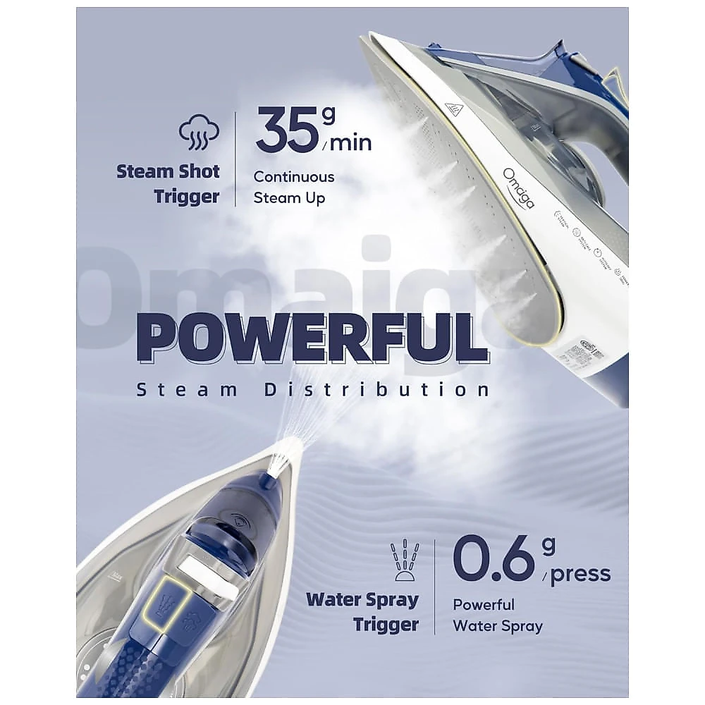 Ferro a vapor para roupas com base cerâmica e tanque de água de 0,48L 1750W, da OMAIGA. 110v