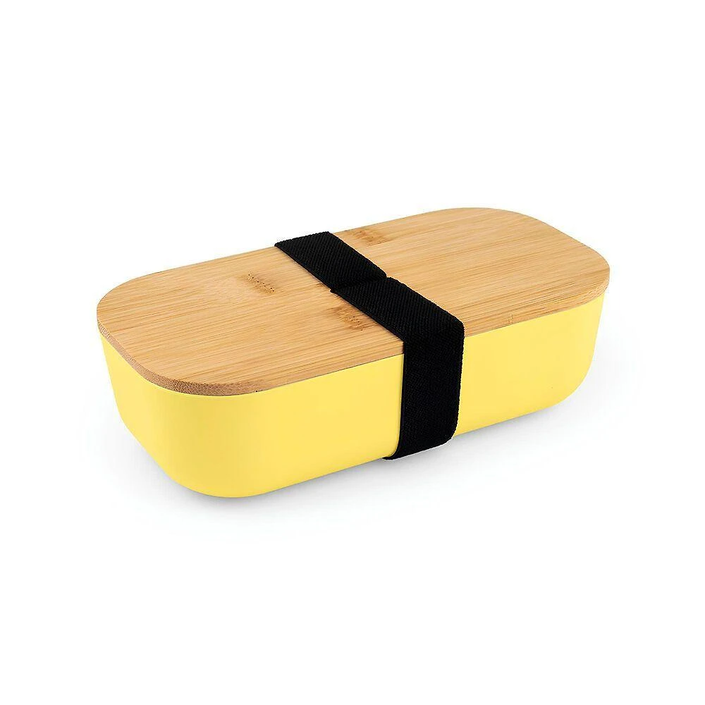 Lancheira Plastica Lancheira Plastica 700ML RPET com Tampa de Bambu e Elastico para Lanches Amarela