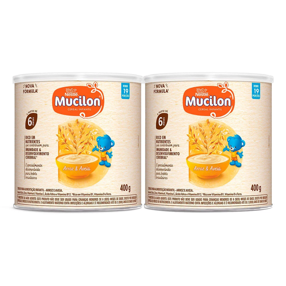 Kit 2 Mucilon Cereal Infantil Sabor Arroz e Aveia a Partir de 6 Meses 400g