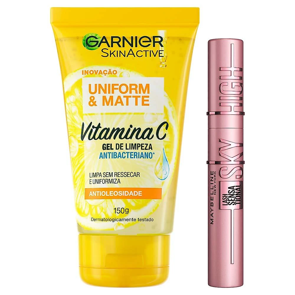 Garnier skin + maybelline kit – gel de limpeza facial uniform & matte vitamina c + máscara de cílios lash sensational sky high