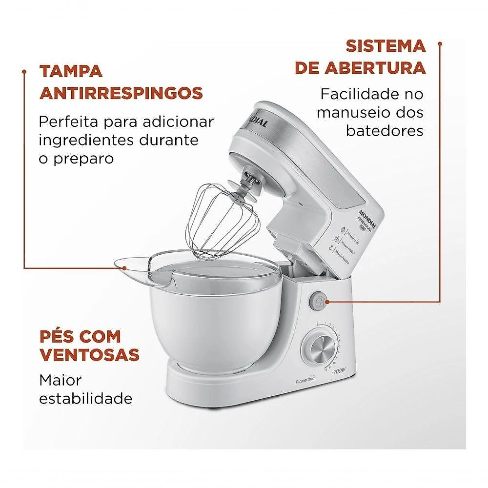 Batedeira Planetária Mondial BP-01P-W 4,5L 700W 12 Velocidades Preto com 2 Tigelas 110V