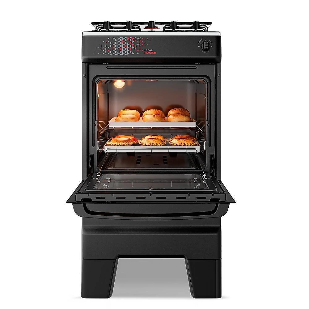 Fogão A Gás Mesa Inox Tampa De Vidro Forno 50L Esmaltec Ideal Master Preto 4 Bocas Bivolt