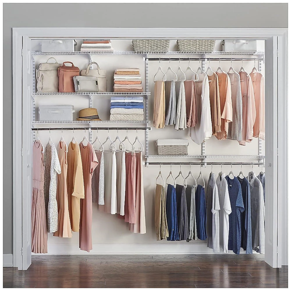 Kit Closet Aramado 1 a 4 Metros com Prateleiras Expansíveis e Hastes Telescópicas Personalizável Rubbermaid Branco