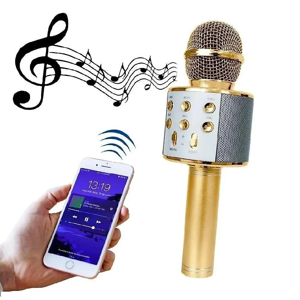 Microfone Karaokê Bluetooth Portátil Infantil com Mixer e Som Potente 6W Dourado Yeet
