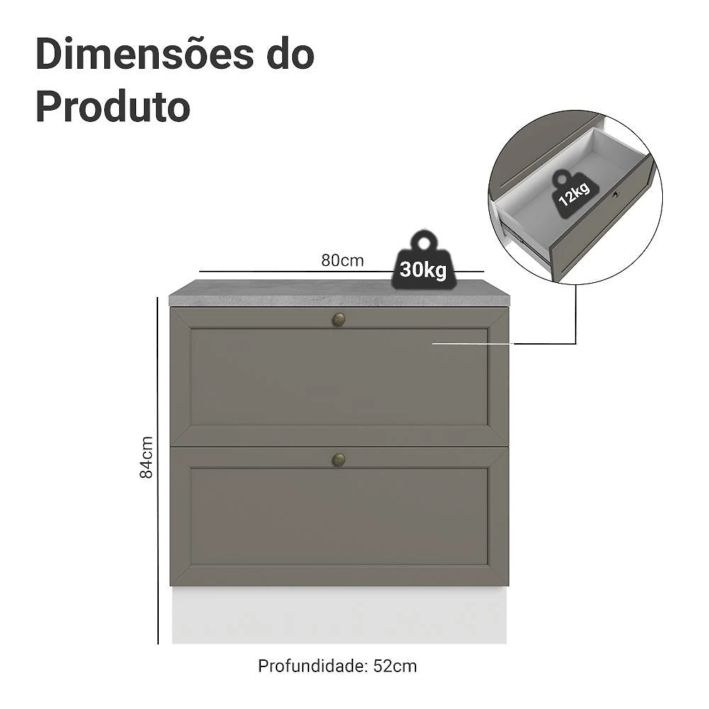 Balcão de cozinha 80 cm 2 gavetas branco/cinza vik madesa