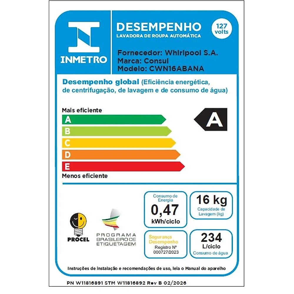Máquina de Lavar Roupas Automática Consul 16 Kg CWN16AB, Branca - 110V 110 Volts