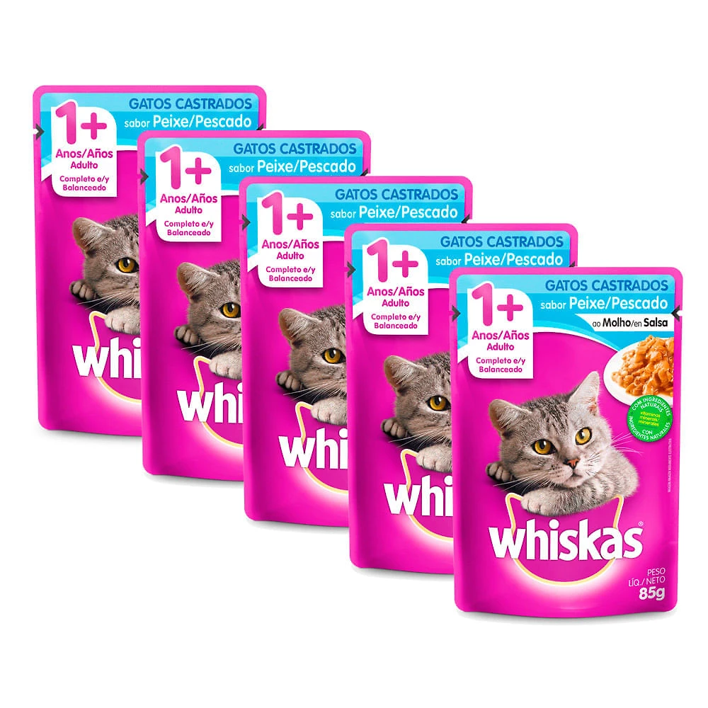 Ração Úmida para Gatos Whiskas Adultos 1+ Anos Castrados Sabor Peixe 85g | Kit com cinco unidades