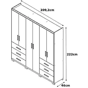 Guarda-Roupa Casal Bartira Santiago 6 Portas de Bater 6 Gavetas Externas MDP - 209,2cm de Largura Avelã/Capuccino
