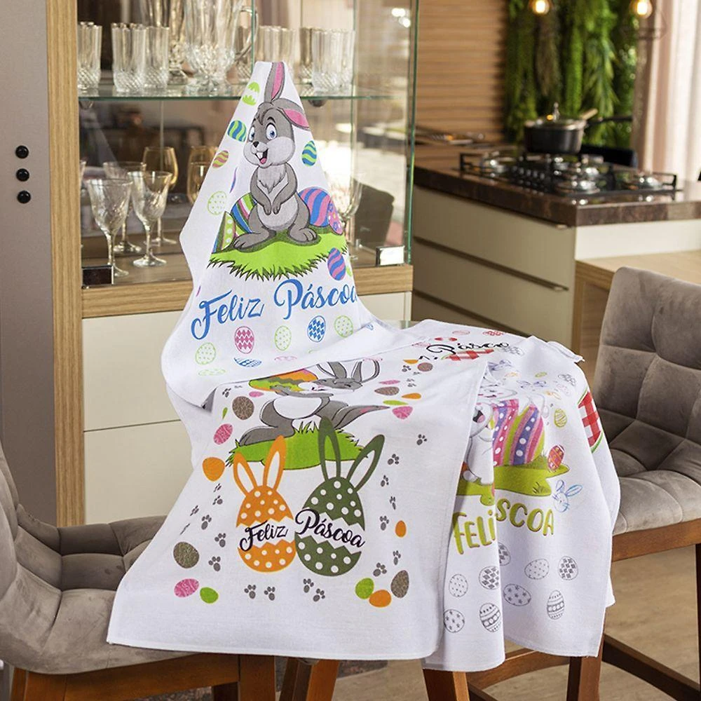 Kit 10 Pano de Prato Copa Pascoa Sacaria 90% Algodão Estampado Branco Off-white Lomaer