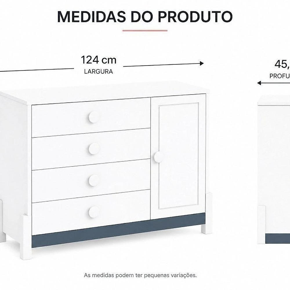 Quarto de Bebê Comoda 4 Gv em MDF e Berço 2 em 1 (Berço/Caminha) em MDF Linha Luna em MDF Neve/Azul